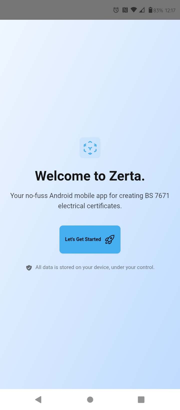 Zerta Welcome Screen